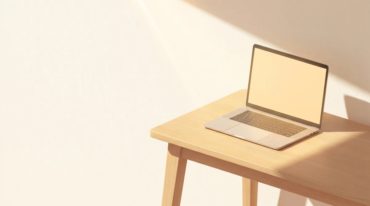 Un ordinateur portable ouvert sur une table de bois clair, dans un rayon de soleil.