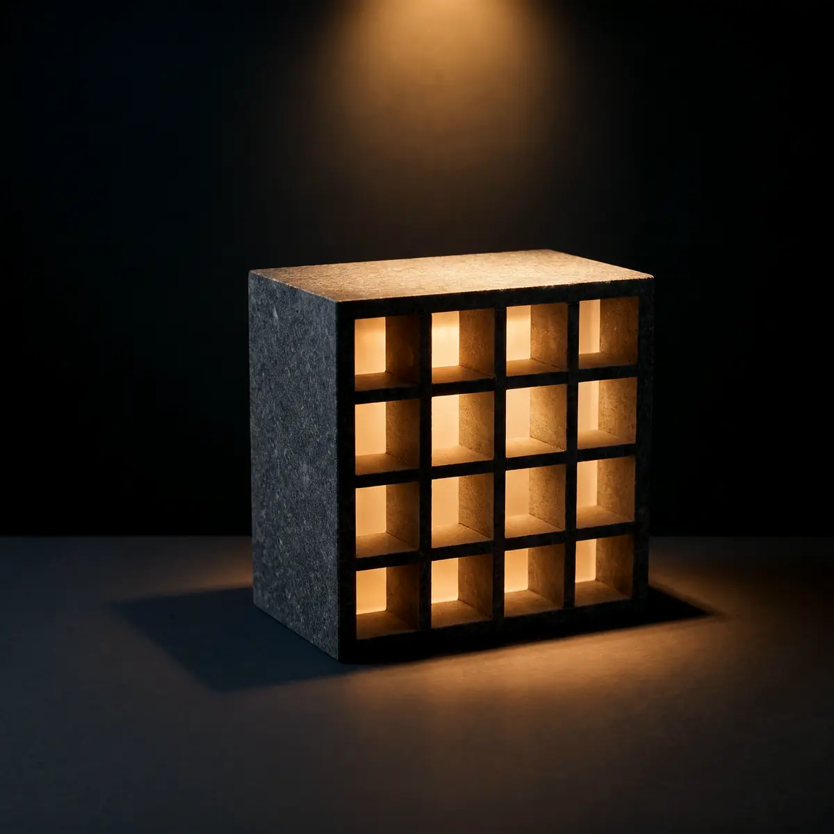 Sur une table, un bloc de granit percé de seize alvéoles éclairées de l'intérieur.