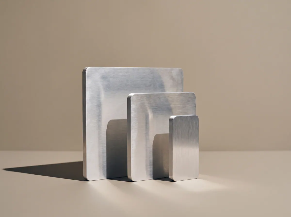 Trois plaques de métal brossé, de la plus grande à la plus petite, debout sur une table sous une lumière d'en haut.