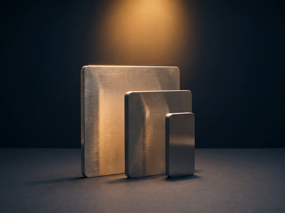 Trois plaques de métal brossé, de la plus grande à la plus petite, debout sur une table sous une lumière d'en haut.