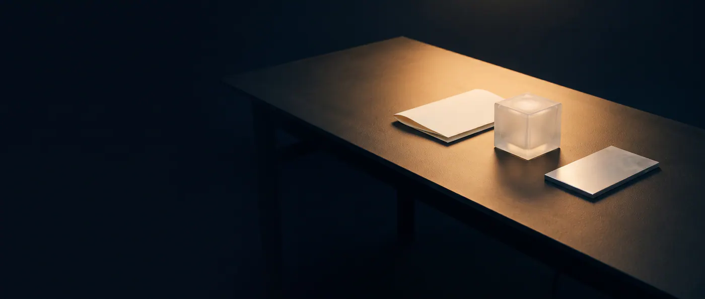Une table de studio : un carnet ouvert, un cube de verre dépoli et une plaque de métal, dans la pénombre.
